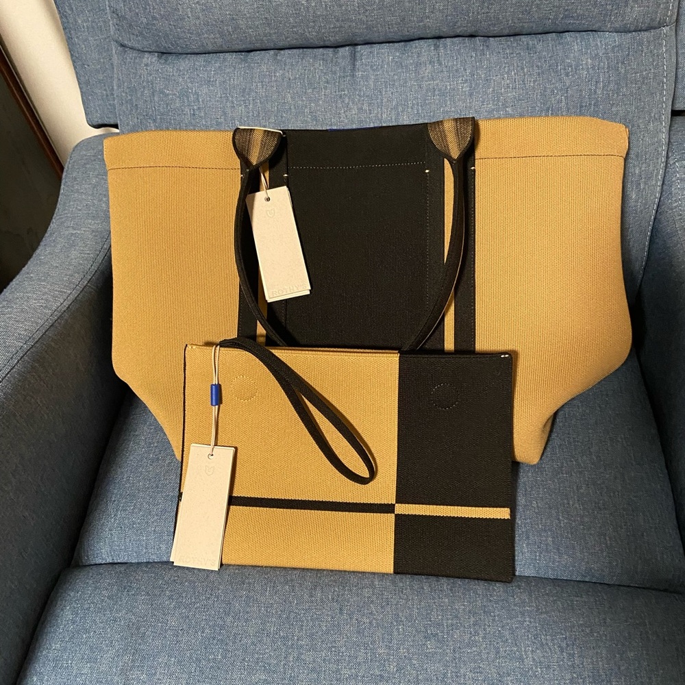 Rothy's essential tote and pouch in camel and black with magnets